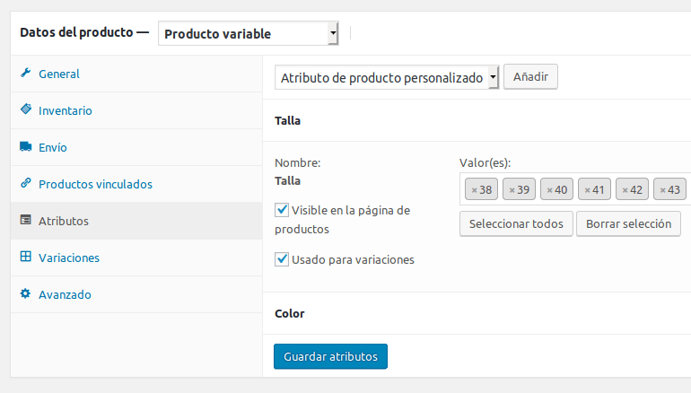 Crear producto variable Woocommerce